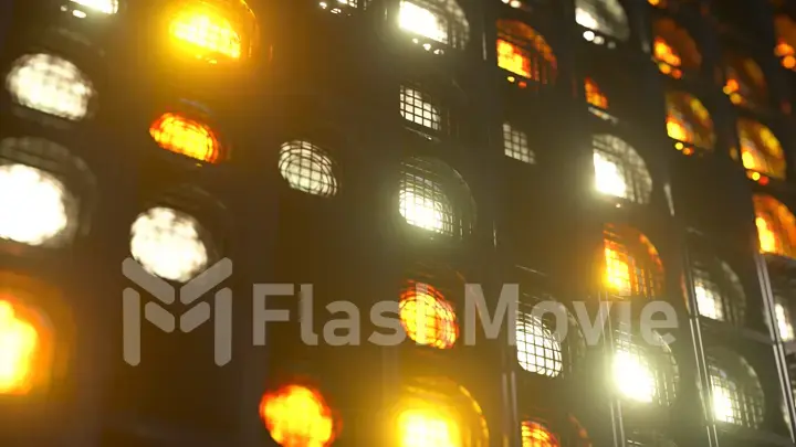 Flashing wall lights. Flashing lights Lanterns for clubs and discos. Matrix beam headlights. Nightclub halogen lamp. 3d illustration