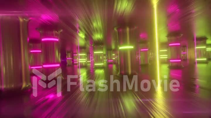 Fly through a futuristic corridor along neon glass pillars