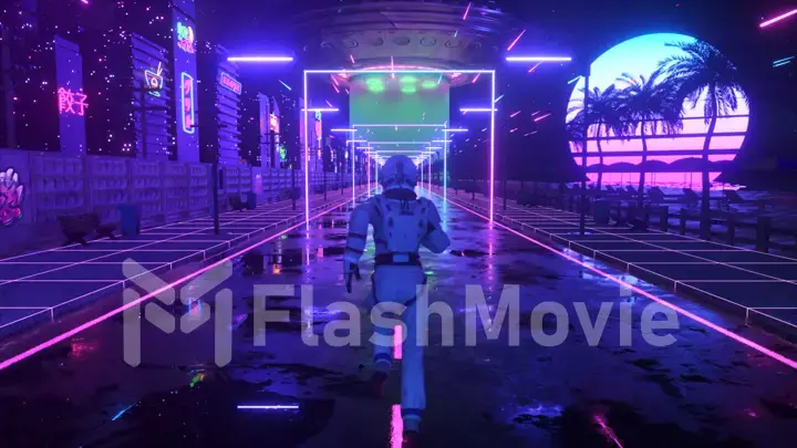 An astronaut runs down the street in a neon city. 80s background. Retro style. Futuristic concept. 3D illustration