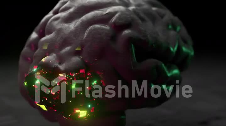 Futuristic concept. The glass brain is covered with thousands of connections and microcircuits. Red green. 3d animation
