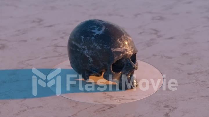 Human skull rotates and flips on a platform. Black white marble. 3d animation of seamless loop