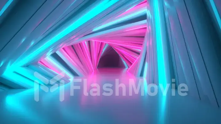 Abstract neon triangle tunnel technological. Endless swirling animated background. Modern neon light. Bright neon lines sparkle and move forward. 3d illustration
