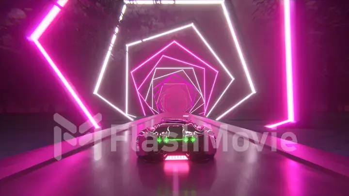 The car rushes at high speed through an endless neon technology tunnel. Futuristic concept. 3d illustration