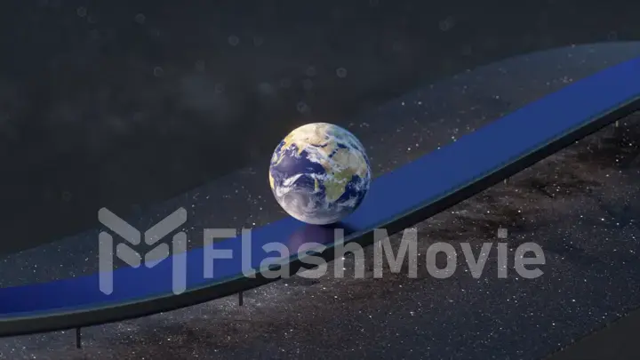 The ball of the planet earth smoothly rolls along the wave chrome surface against the background of space