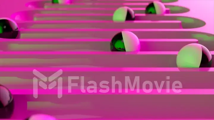 Bright colorful background with rolling balls along the paths. Plastic ball rolling in geometry deepening. 3d illustration