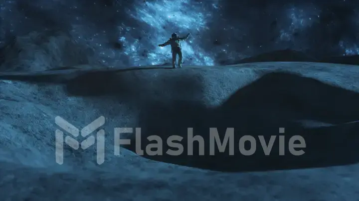 An astronaut runs across the moon and almost falls into a lunar crater, a space concept. Starry night sky.