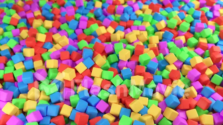 Colorful 3D illustration from a pile of abstract multicolored cubes rolling and falling from top to bottom.