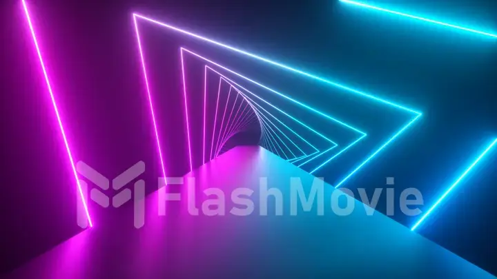 Flying through glowing rotating neon triangles creating a tunnel, blue purple pink violet spectrum, fluorescent ultraviolet light, modern colorful lighting,3d illustration