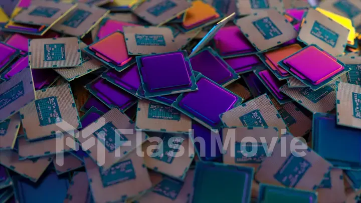 Many square rainbow chips fall from above into a pile of chips. Computer. AI. CPU. Blue, pink neon color.