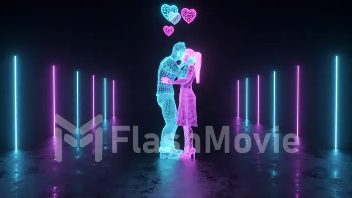 Guy and girl kissing in digital cyberspace with neon lighting. Holograms of real people. Future technologies and digital world concept. 3d illustration