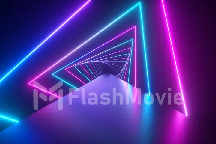 Flying through glowing rotating neon triangles creating a tunnel, blue purple pink violet spectrum, fluorescent ultraviolet light, modern colorful lighting,3d illustration