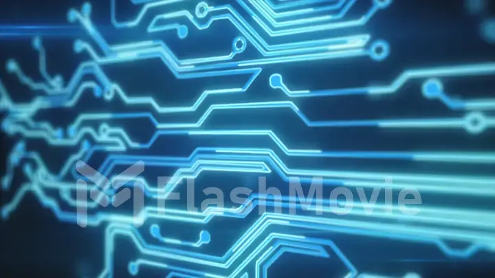 Blue lines drawn by bright spots eventually create an abstract image of a circuit board. It may represent electronic connections, communication, futuristic technology. 3d illustration
