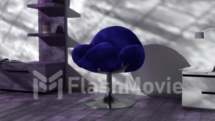 The gray fabric on the chair turns into blue velvet. Office furniture. Shadow on the white wall. 3d animation.