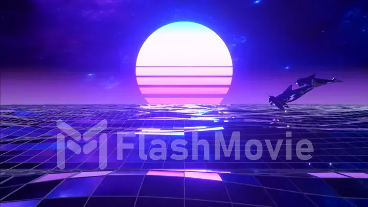 Retro 80s style. Fly endlessly over the digital ocean. Dolphins are jumping over the water. Colorful retro sunset. 3d illustration