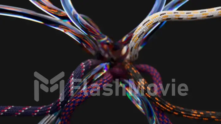 Moving data cables. Transparent wire with liquid inside. Stretch and move in waves. Fabric rope. Black background.