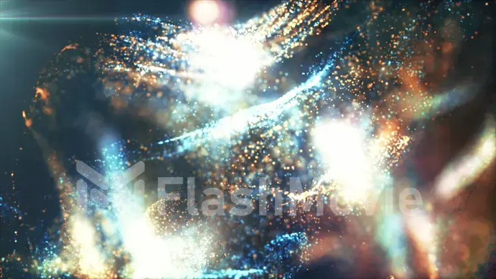 Abstract background of particles and fluids of orange and blue interacting with each other 3d illustration