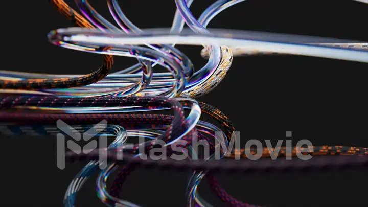 Multi-colored and transparent wires, curved and tangled, create an aesthetic confusion. Black isolated background.