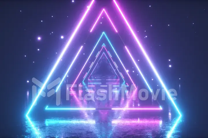 Flying through glowing neon triangles with metal floor creating a tunnel with fog, blue pink violet spectrum, fluorescent ultraviolet light, modern vj colorful lighting, 3d illustration