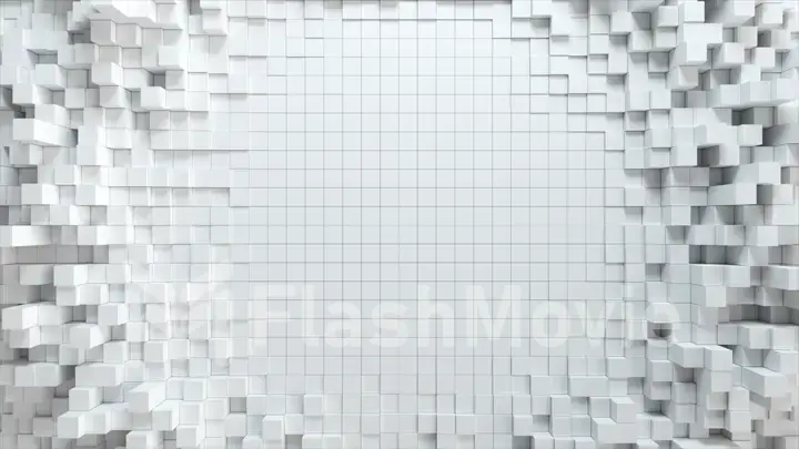 Abstract wave background with moving white cubes. Geometric concept with random boxes or columns. Motion design template. 3d illustration. Technology composition. Radial ripple.