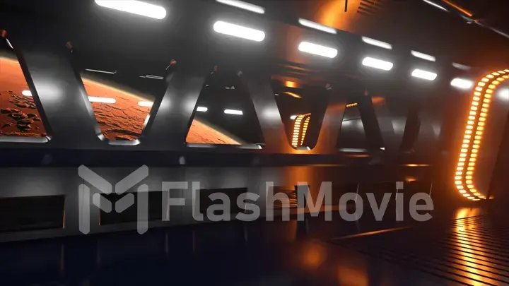 Sci-fi tunnel in outer space with neon light. Planet Mars outside the window of the spaceship. Space technology concept. 3d illustration