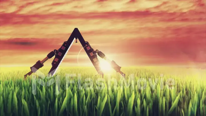 Futuristic concept. Futuristic gates stand in the open field at dawn. Technology and Nature 3D illustration