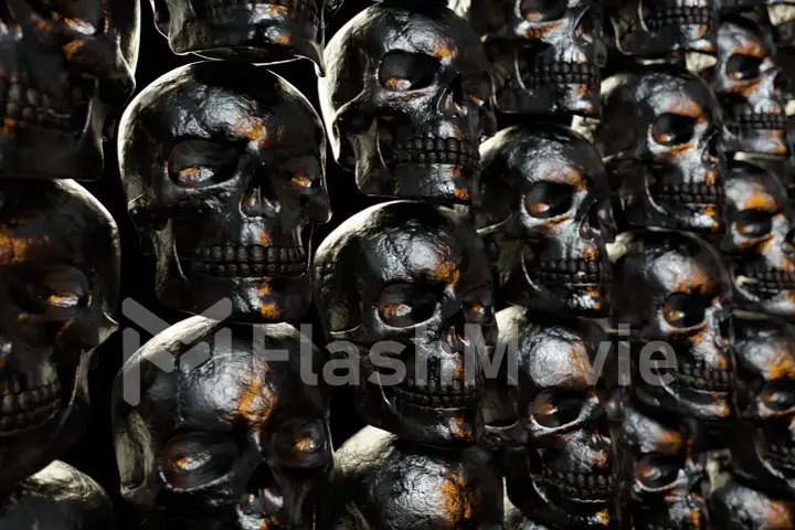 Wall of textured skulls. Horrible halloween concept. 3d illustration