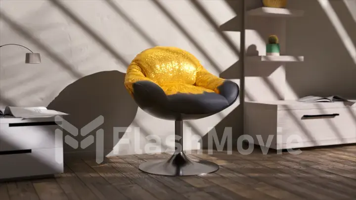 Abstract concept. The office chair inflates and turns into gold. Furniture. Interior. Shadow on the wall.