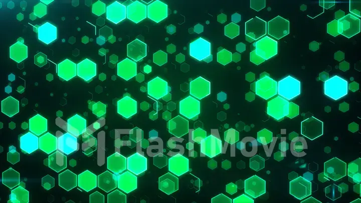 Abstract technological background with green luminous hexagons. 3d illustration