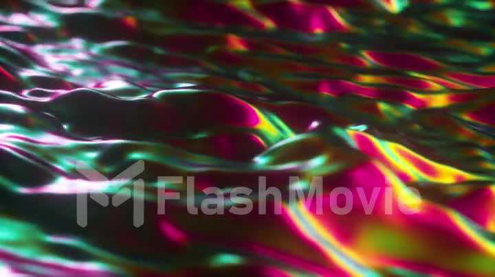 Abstract 3d render holographic oil surface background, foil wavy surface, wave and ripples, ultraviolet modern light, neon blue pink spectrum colors. Seamless loop 4k animation