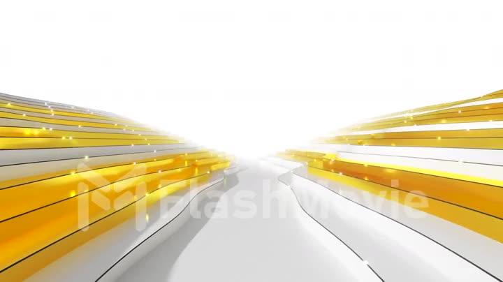 Abstract background from a wavy stepped surface. White and gold steps. Abstract background for business presentation. Fiber optic transmitting signals over the surface. 3d animation of seamless loop