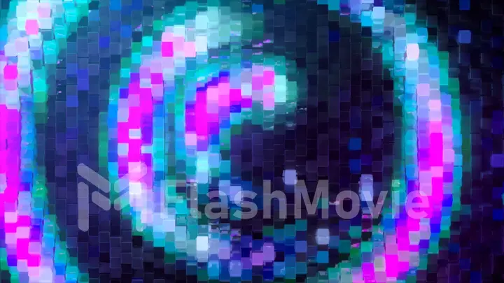 Abstract swirl of neon pixels moves counterclockwise. Blue pink color. 3d Illustration