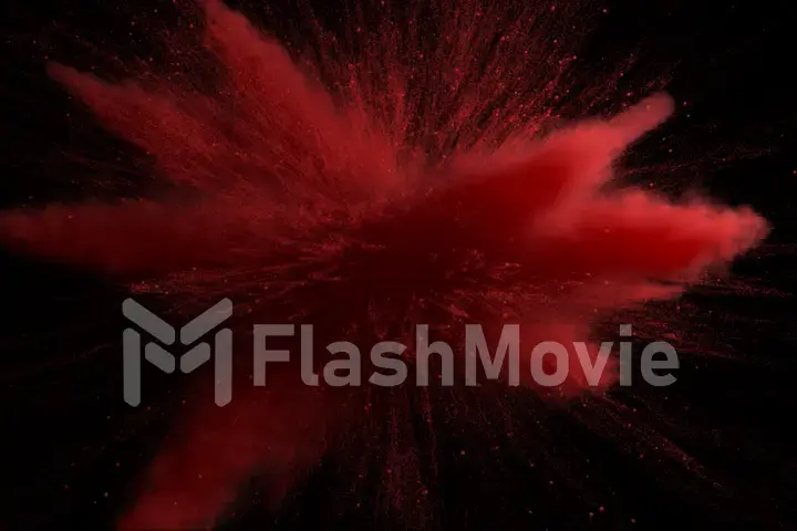 3d illustration of red colored powder explosion isolated on black background.