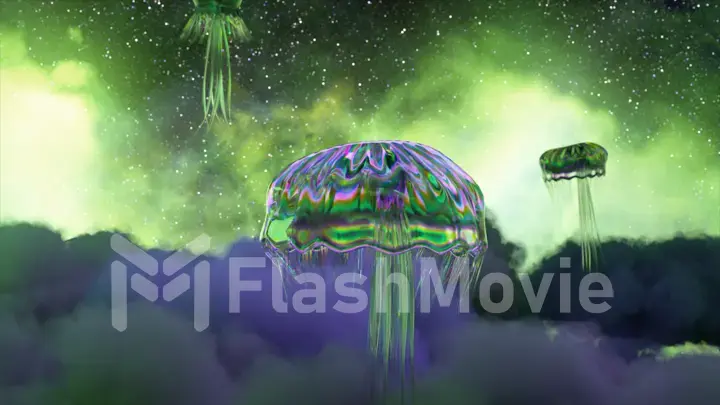 Abstract space concept. Diamond jellyfish swim out of the clouds on a blue green space background. Starry sky. Fog.