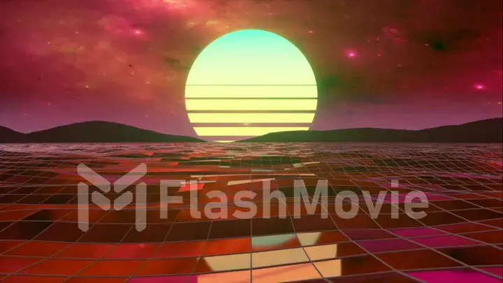 Retro 80s style. Fly endlessly over the digital ocean. Dolphins are jumping over the water. Colorful retro sunset. 3d illustration