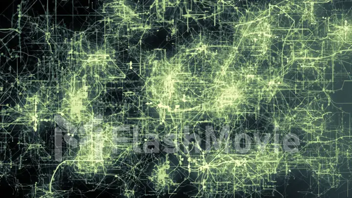Light green lines drawn by bright spots eventually create an abstract image of a circuit board.