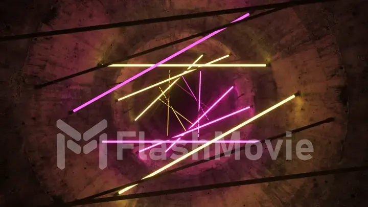 Flying in a concrete tunnel with neon lighting. Halogen lamps. Abstract background. Modern yellow pink spectrum. 3d illustration