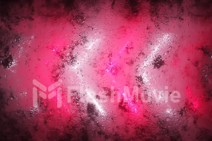 Bright neon arrows flash through a fogged window. Drop of water on the window. 3d illustration
