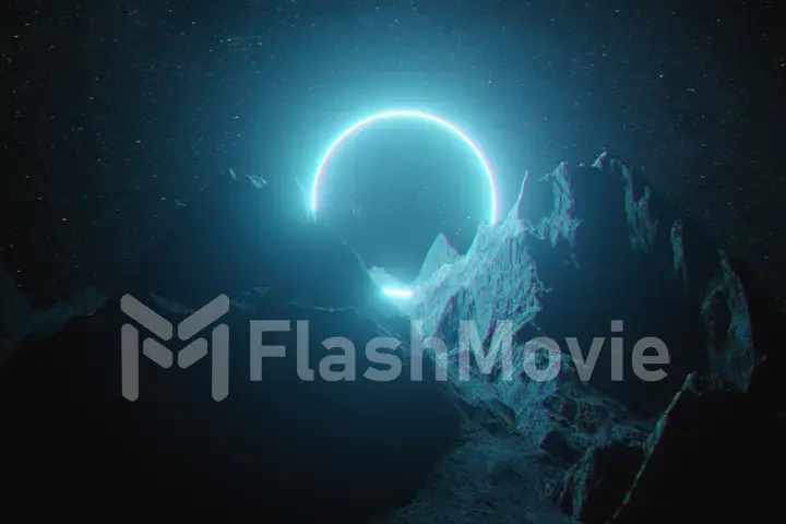 Beautiful minimalistic fantastic landscape. Bright blue neon circle among the mountains against the background of a rotating night starry sky. 3d illustration