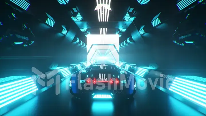 The car rushes at high speed through an endless neon technology tunnel. Futuristic concept. 3d illustration