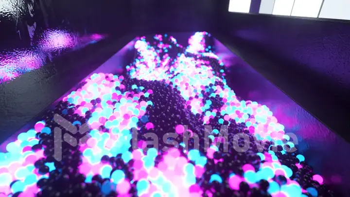 Abstract cloud of randomly glowing blue purple spheres in a futuristic room. Conceptual technology business composition. 3d illustration