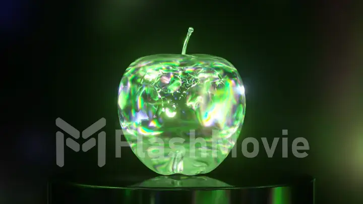 Abstract concept. Liquid mirror transparent substance takes the form of an apple. Green neon color.