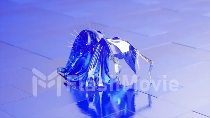 The concept of impersonation. A diamond spider in a shiny robe walks across the glossy tiles. White blue color.