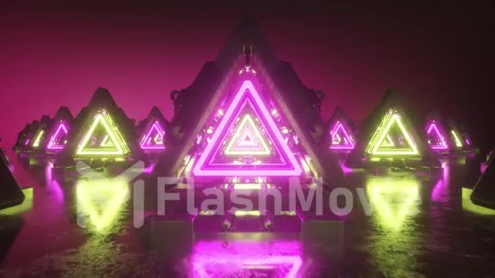 Abstract flying in metal futuristic corridor with triangles, seamless loop 4k background, fluorescent ultraviolet light, laser neon lines, geometric endless tunnel, yellow pink spectrum, 3d render