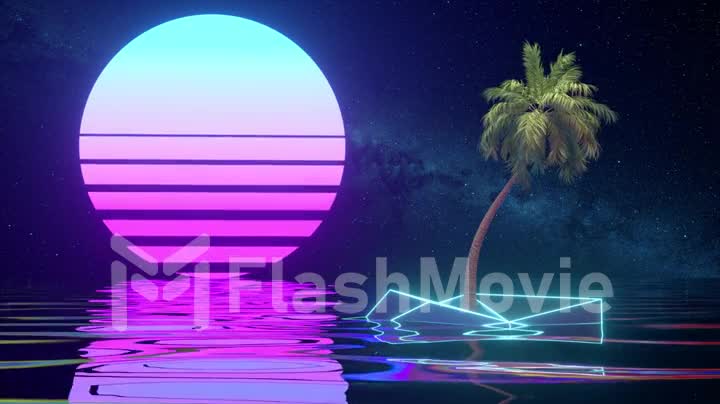 Retro futuristic background. Palm tree and neon sunset in the ocean. Pink blue color. 3d animation of seamless loop