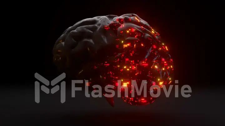 Futuristic concept. The glass brain emerges from a matte black shell. Red neon light. 3d Illustration