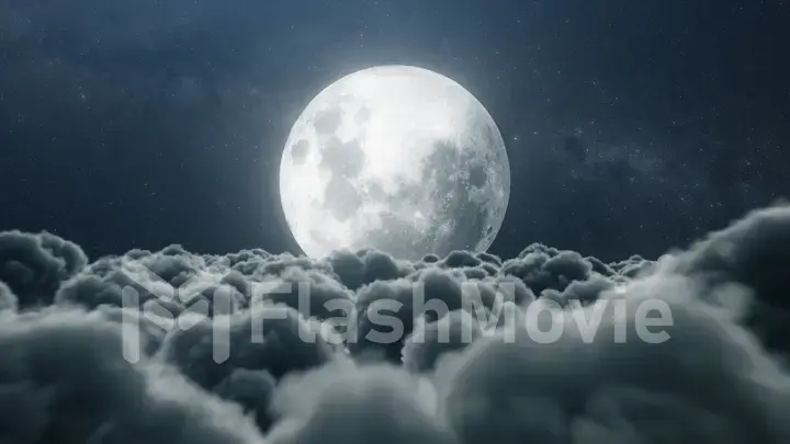 Beautiful realistic flight over cumulus lush clouds in the night moonlight. A large full moon shines brightly on a deep starry night. Cinematic scene. 3d illustration