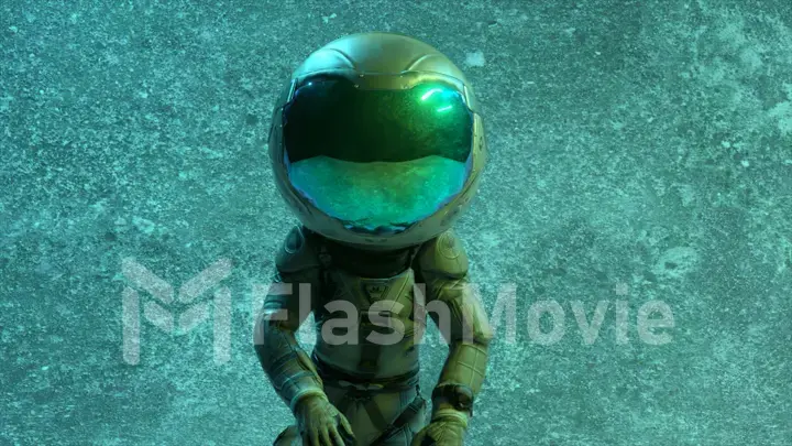 Dancing astronaut with a large round helmet on his head. Green blue neon light blinking. Concrete wall in the background