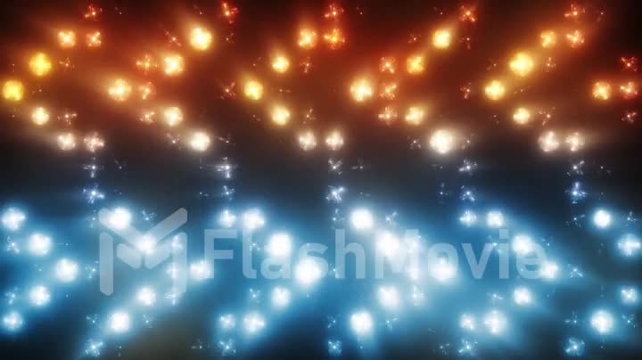 Bright spotlight blue and orange color. Modern lighting. Flash on the wall VJ Stage 4K Seamless loop animation. Flashing lights lamps in the arrow in the style of disco.