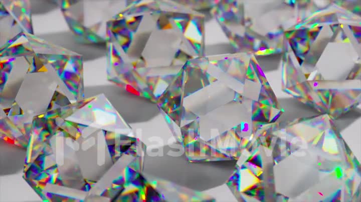 Many diamond rhombuses sparkle with iridescent light. Lighting change. Shadow. White surface. 3d animation