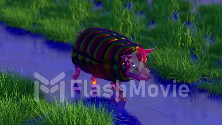 Abstract concept diamond pig walks on blue tiles. Green grass around. Red hair. 3d animation of seamless loop
